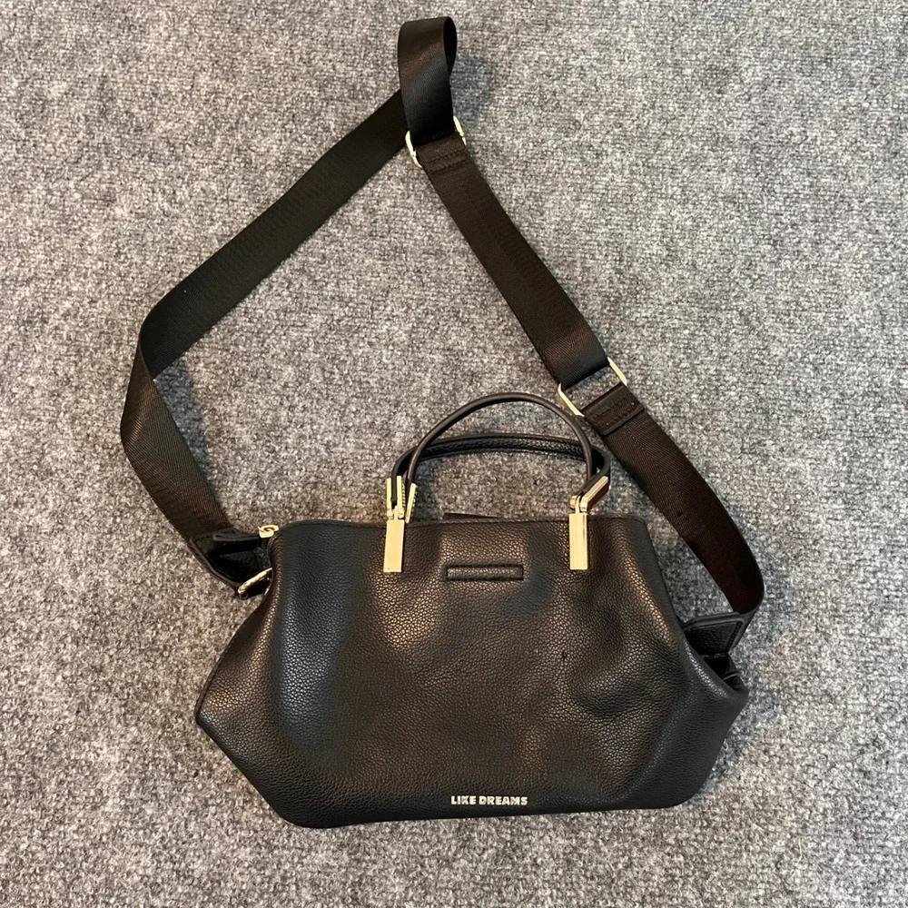 Like Dreams Black Pebbled Vegan Leather Satchel Crossbody Bag Gold Hardware